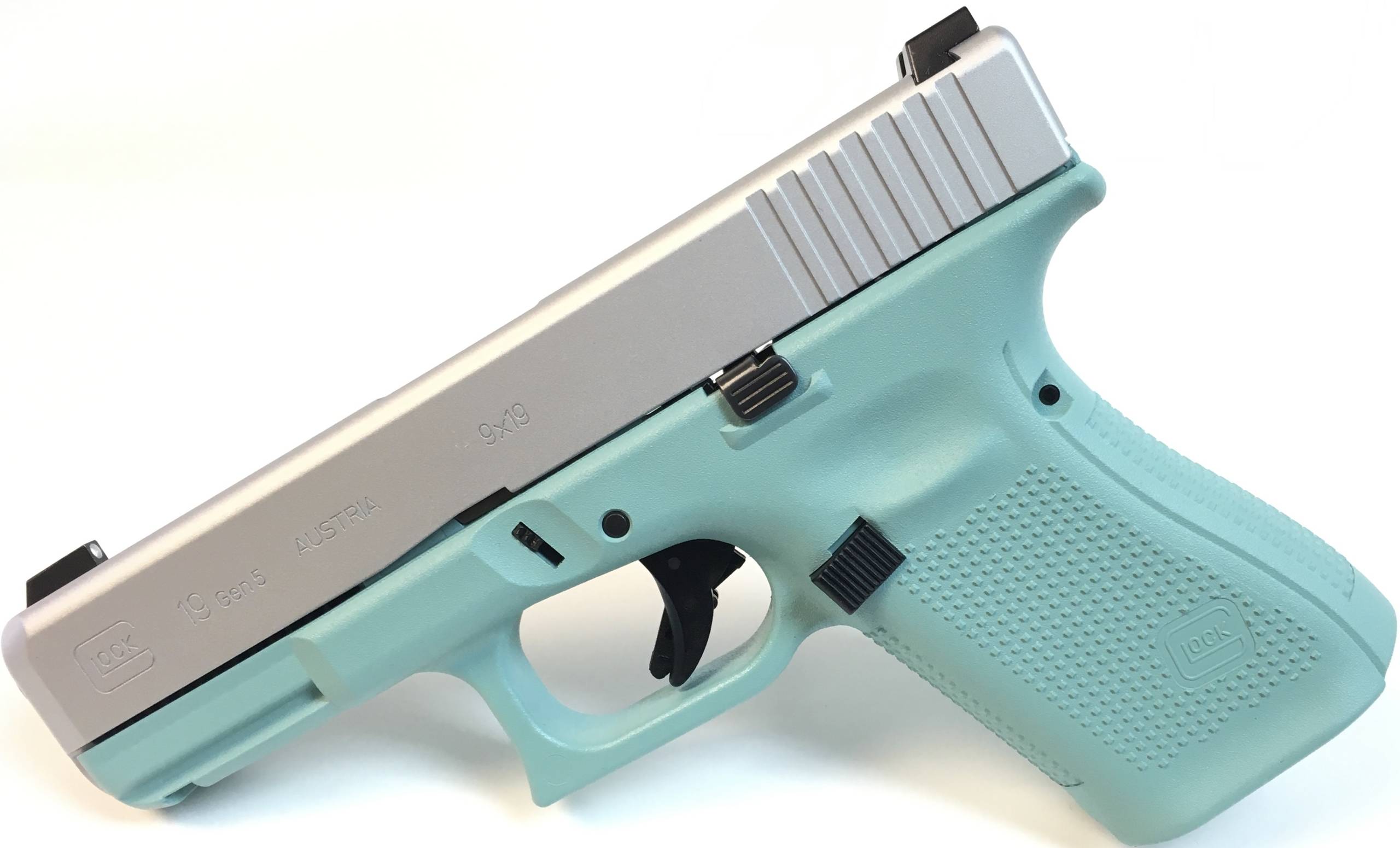TZ Armory Diamond Blue and Stainless Glock 19 Gen5 for sale.